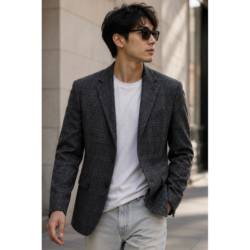 Joseph Abboud Heritage Mens 44S Wool Blazer Zignone Italy Windowpane Plaid Grey